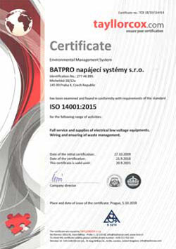 Certifikát ISO-14001 anglicky